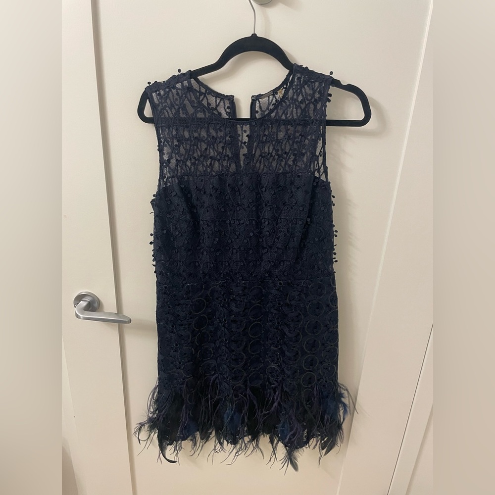 Elie Tahari Cocktail Dress with feathers and beading in navy blue